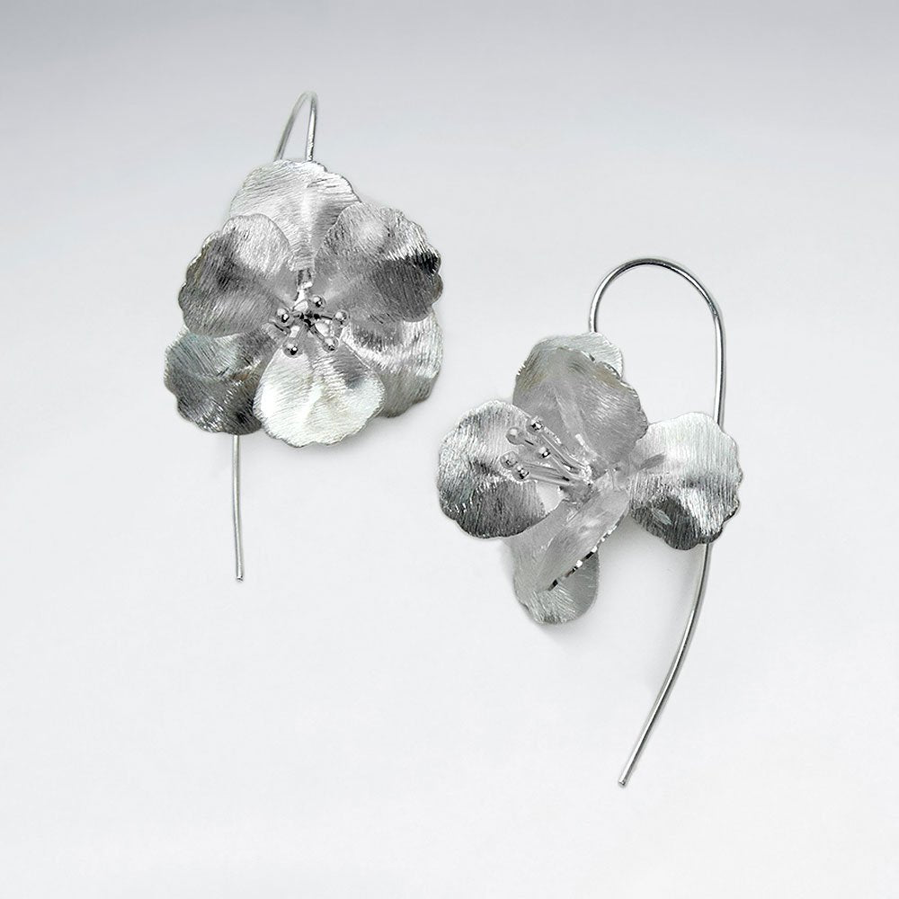 Oversized Blossom Dangle Long Hook Earrings in Silver