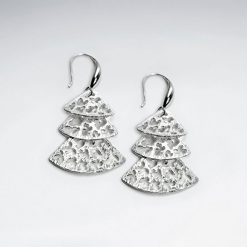 Triple Fan Tiered Filigree Dangle Drop Earrings in Silver