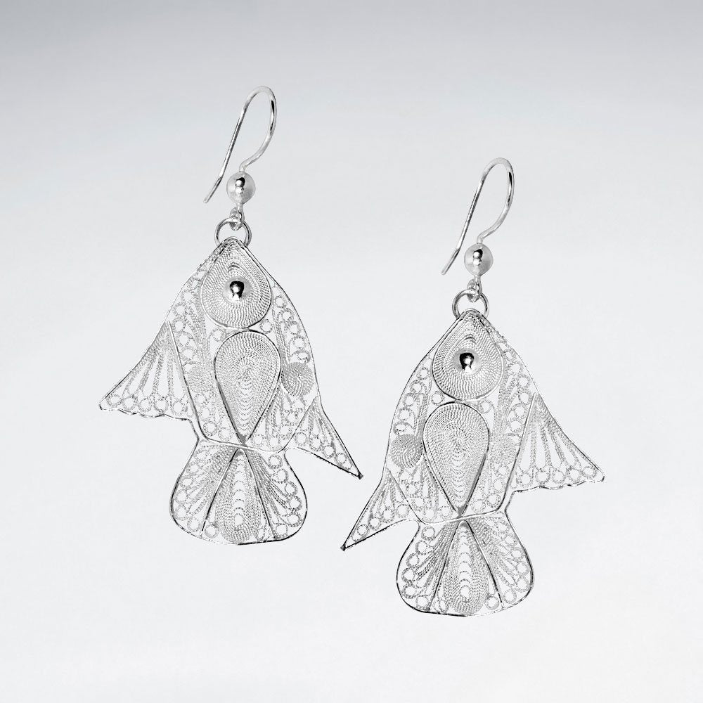 Glamorous Modern Fish Design Filigree Dangle Drop Earrings in Silver