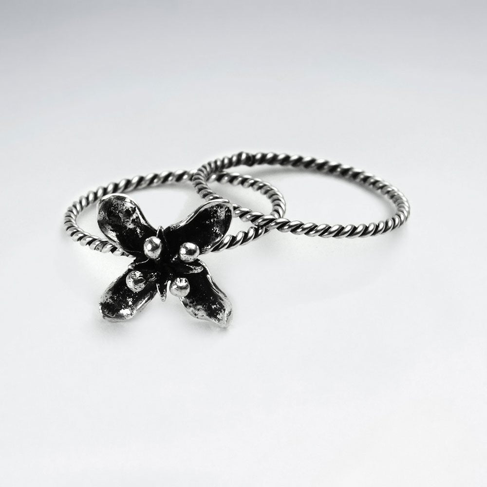 Oxidized Silver Twist Band Flower Ring