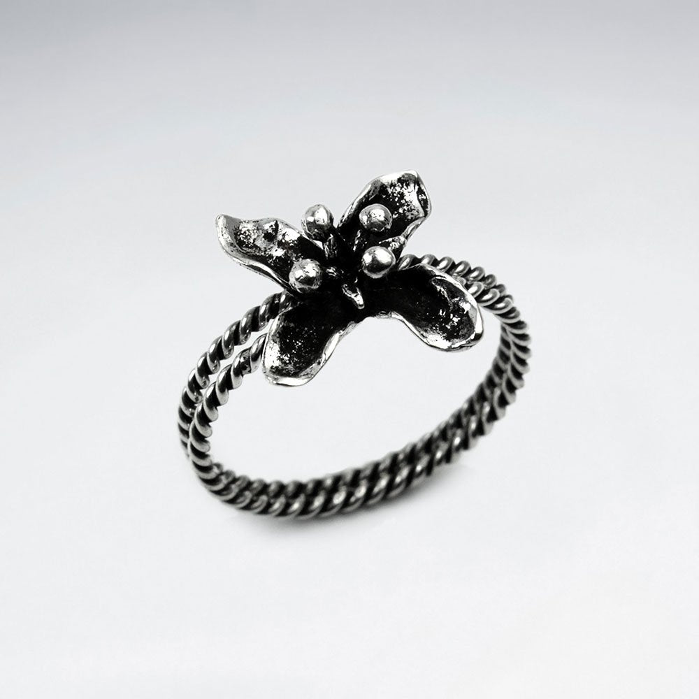 Oxidized Silver Twist Band Flower Ring