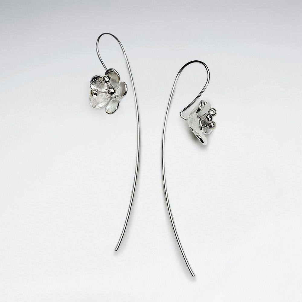 Petite Silver Flowers Threader Hook Dangle Earrings With 18 K Flash Gold Plating Pollen