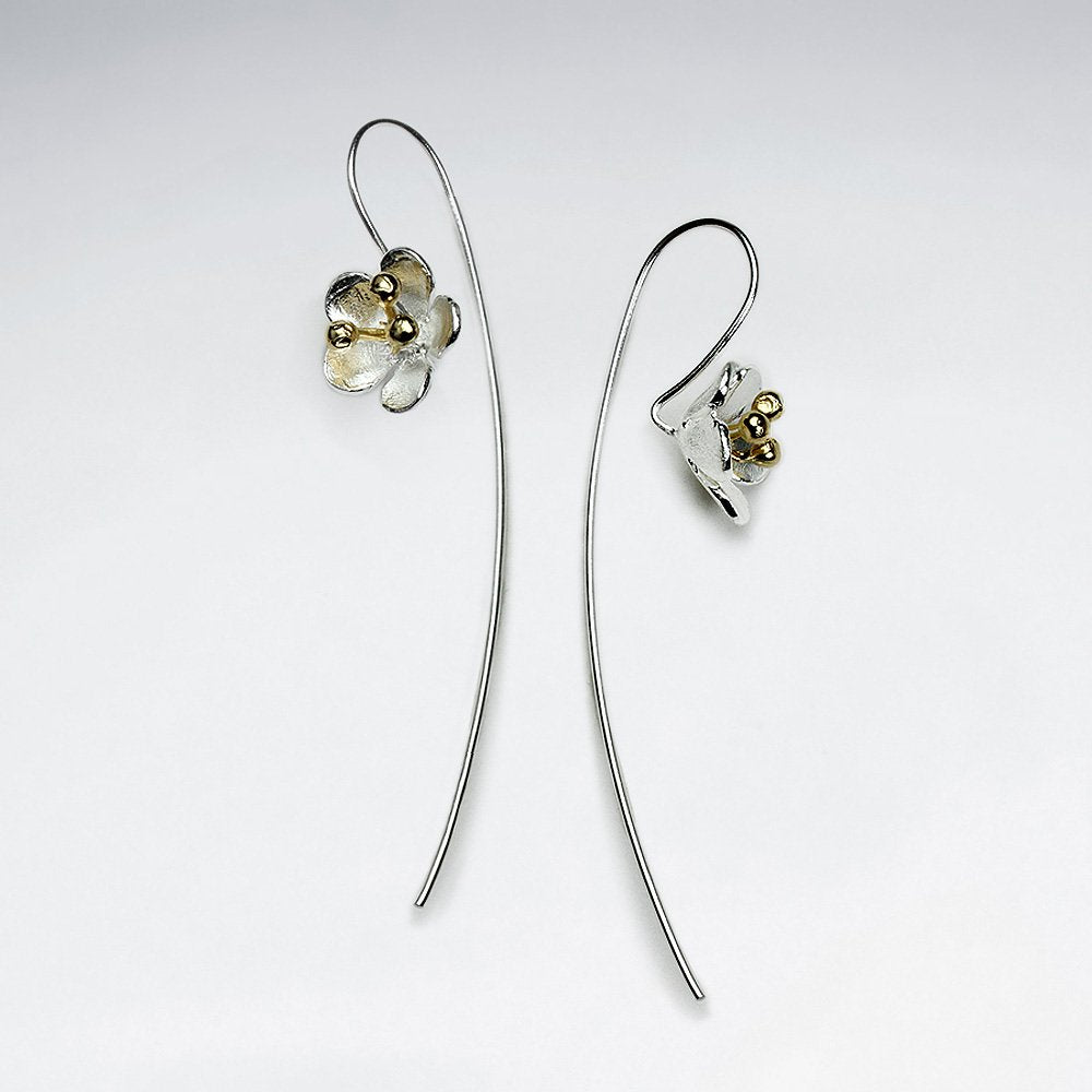Petite Silver Flowers Threader Hook Dangle Earrings With 18 K Flash Gold Plating Pollen