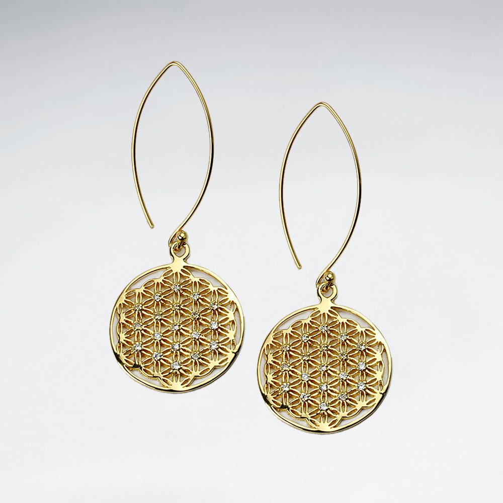 21 mm 18 K Flash Pink Gold Plated Flower of Life Silver Disk Earring With White CZ