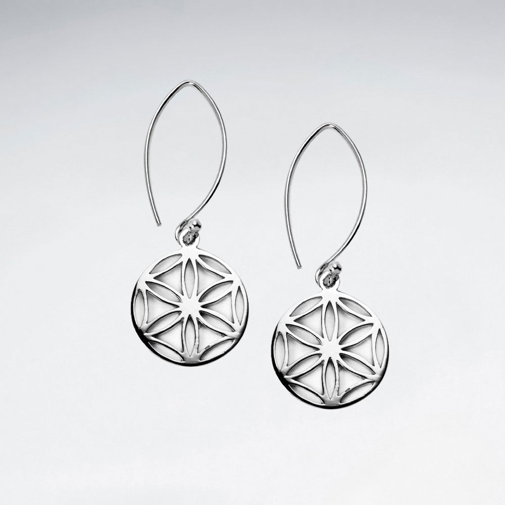 15 mm Flower of Life Long Dangling Silver Disk Earring