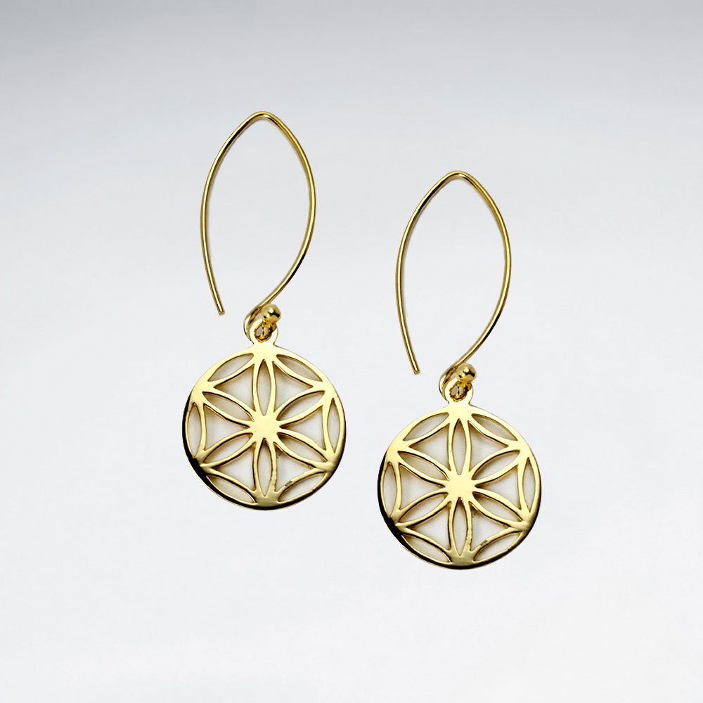 15 mm Flower of Life Long Dangling Silver Disk Earring