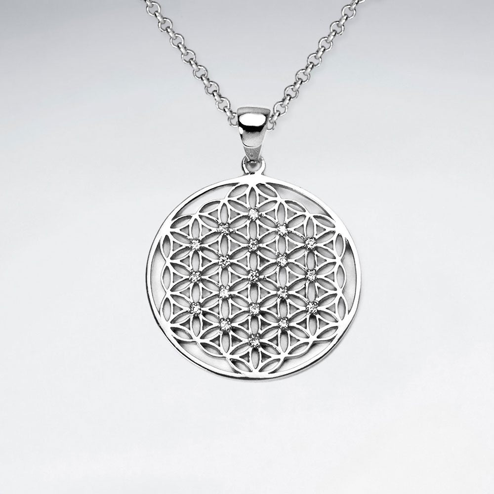 27 mm 18 K Flash Pink Gold Plated Flower of Life Silver Disk Pendant With White CZ
