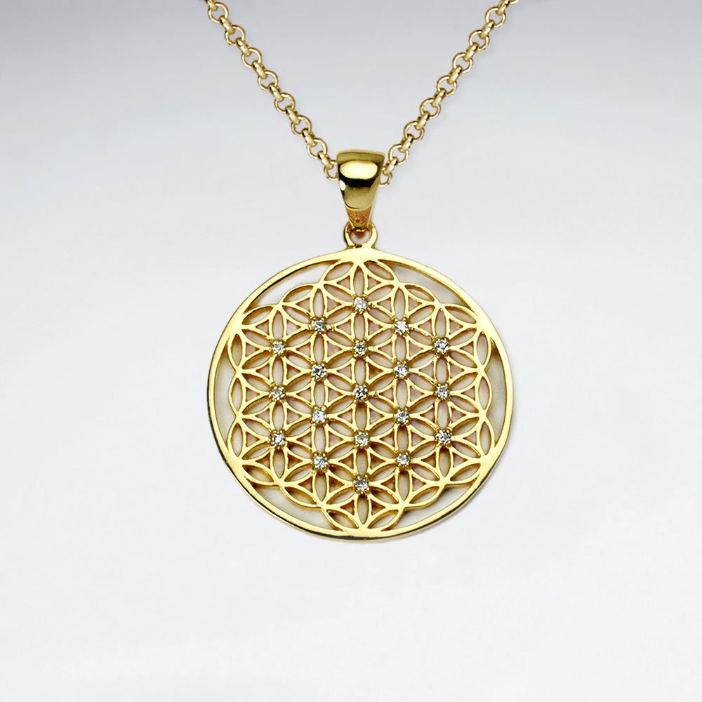 27 mm 18 K Flash Pink Gold Plated Flower of Life Silver Disk Pendant With White CZ