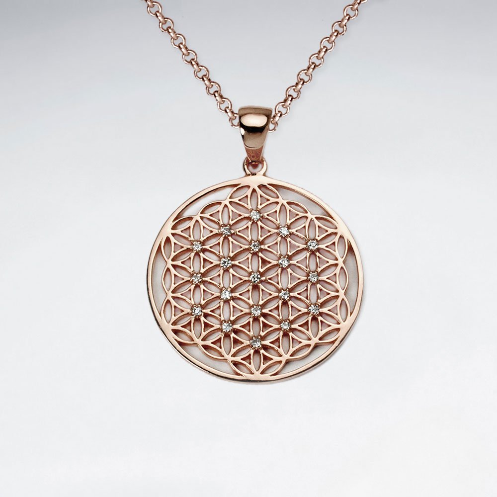 27 mm 18 K Flash Pink Gold Plated Flower of Life Silver Disk Pendant With White CZ