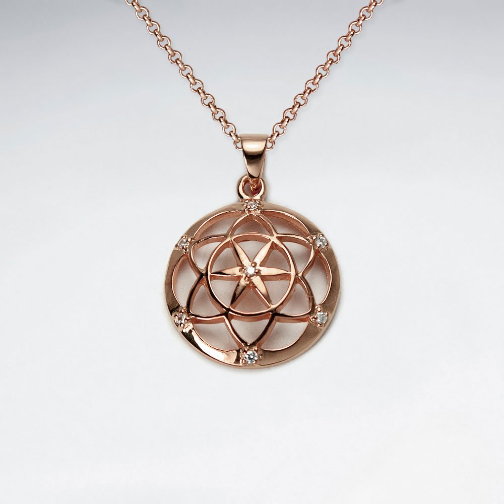 18 K Flash Pink Gold Plated 18 mm Dome Flower of Life Silver Pendant With White CZ