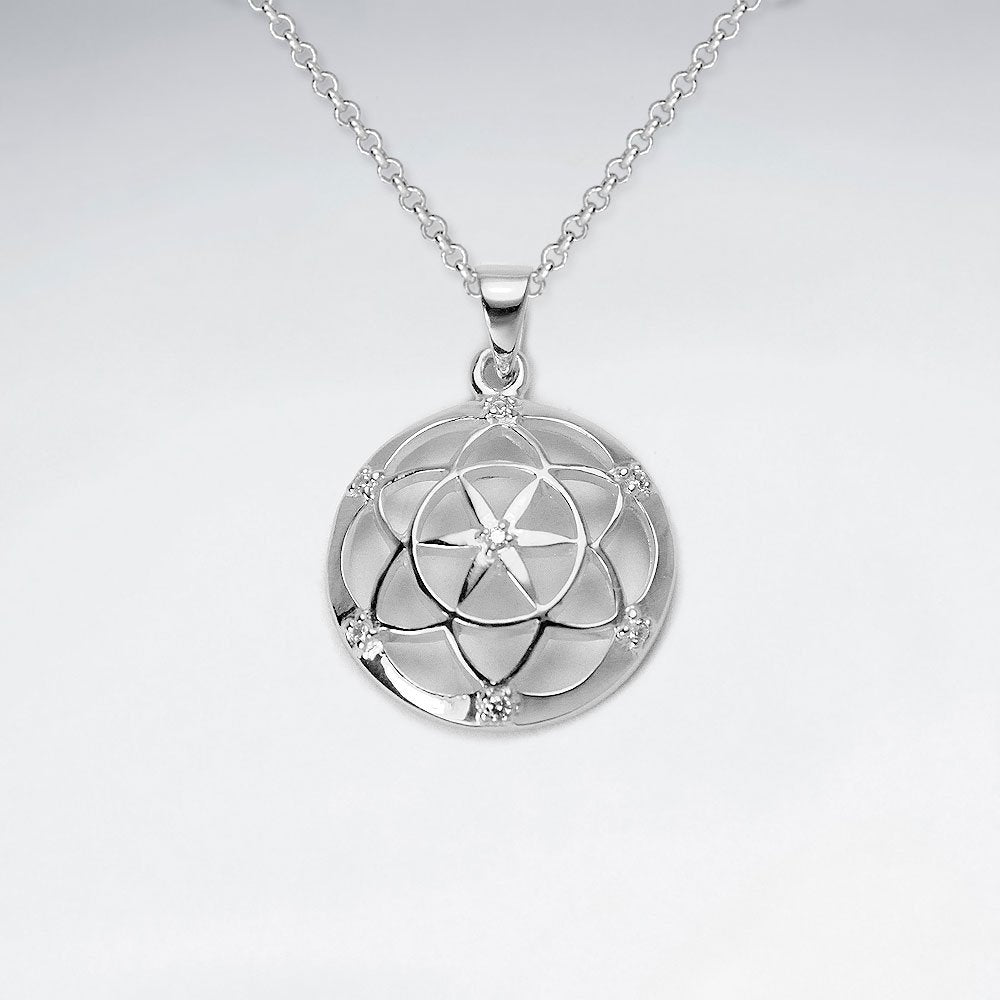 18 K Flash Pink Gold Plated 18 mm Dome Flower of Life Silver Pendant With White CZ