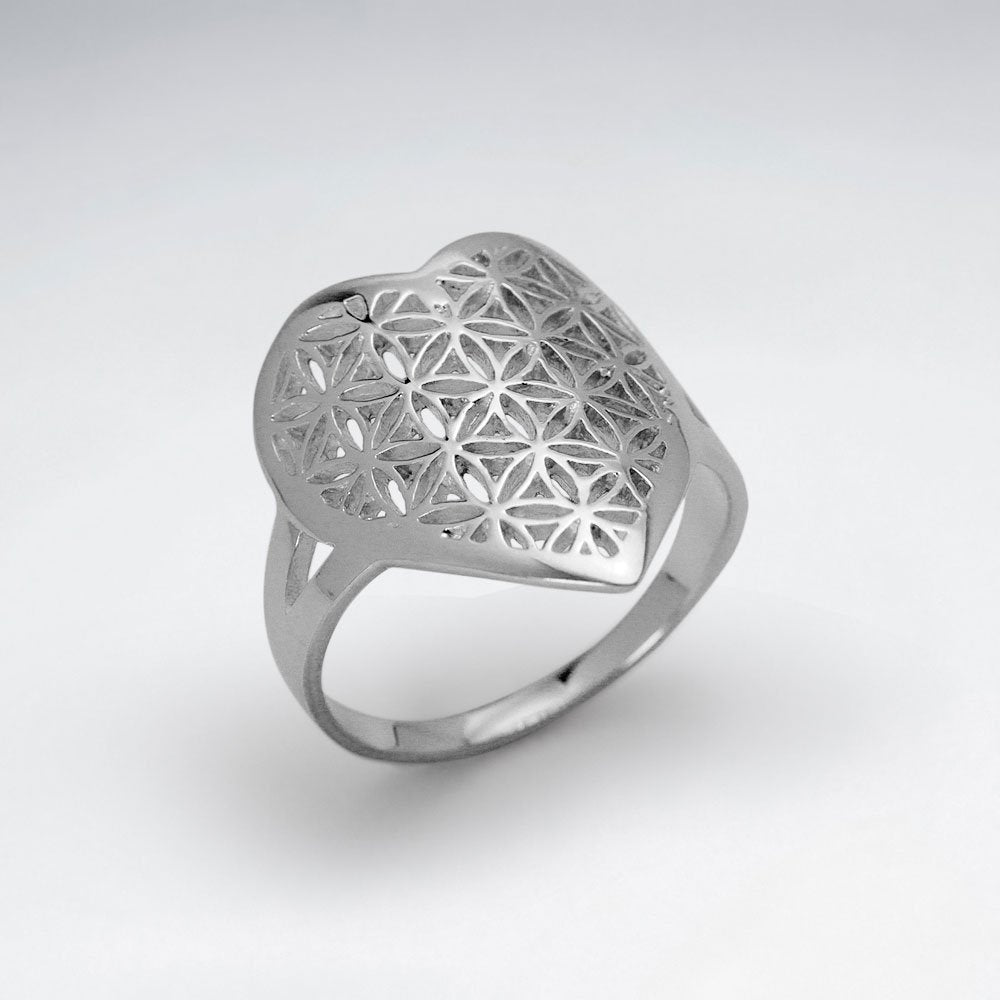 Heart Shape Flower of Life Silver Ring