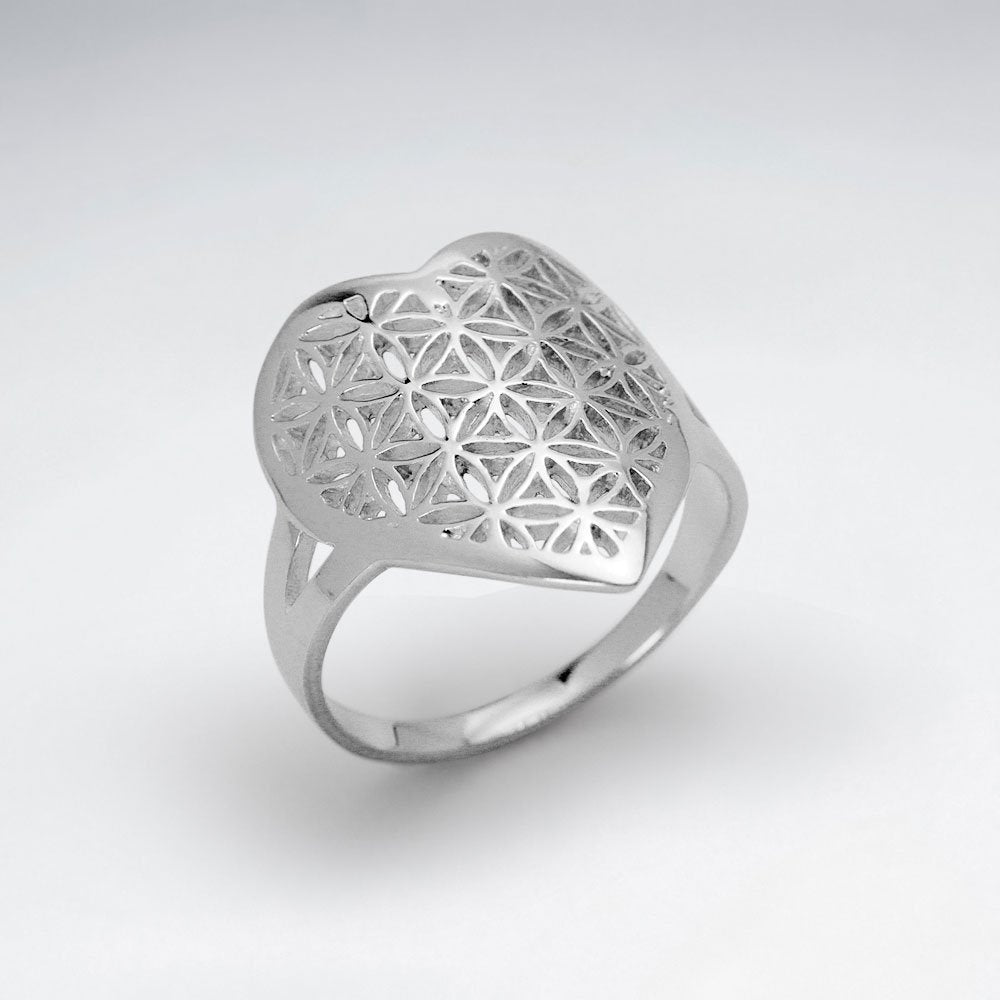 Heart Shape Flower of Life Silver Ring
