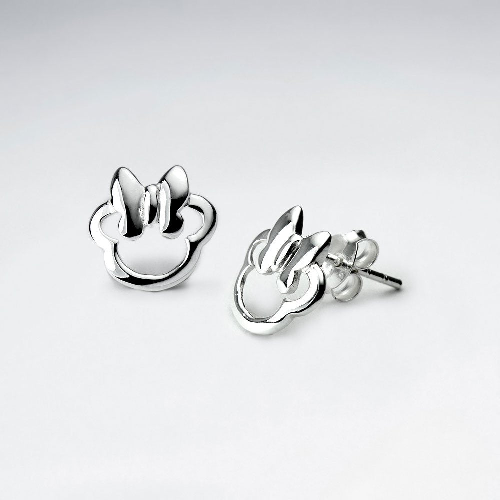 Enchanting Silver Open Silhouette Stud Earrings Featuring Polished Bow