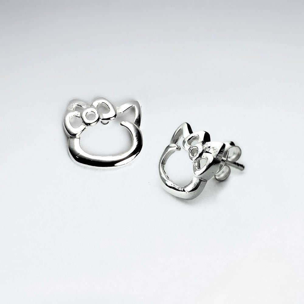 Kitty With Polished Bow Silver Stud Earrings