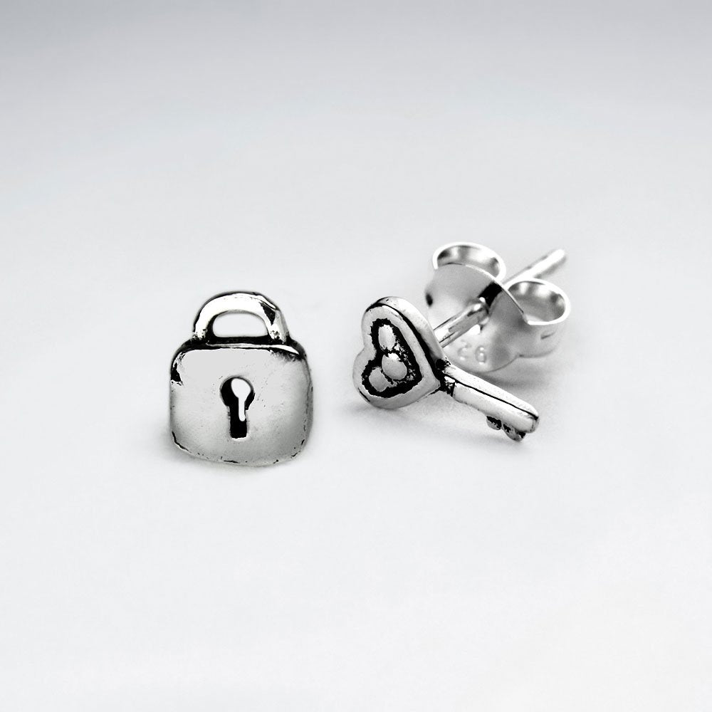 Oxidized Silver "Key To My Heart" Petite Lock and Key Earrings