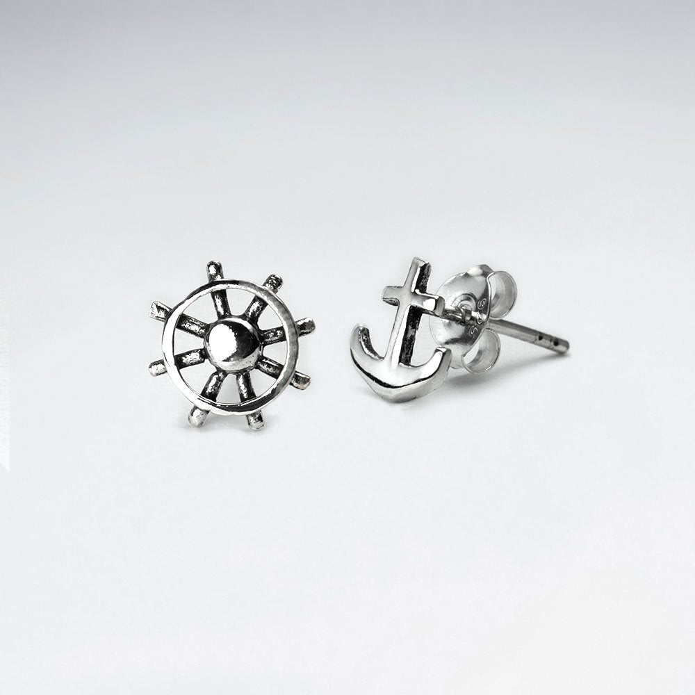 Oxidized Silver Nautical Anchor and Ship Wheel Petite Stud Earrings