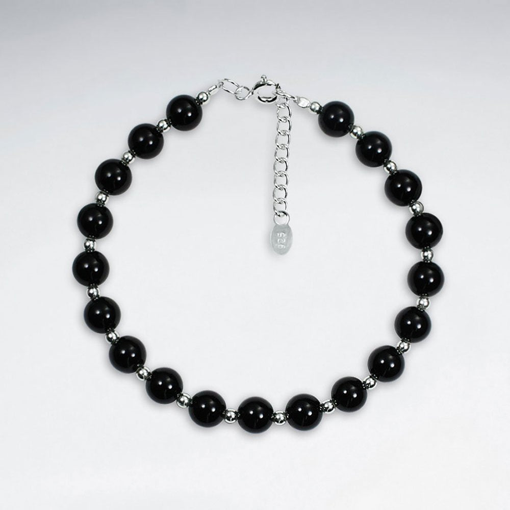 7" Round Black Stone Silver Bracelet