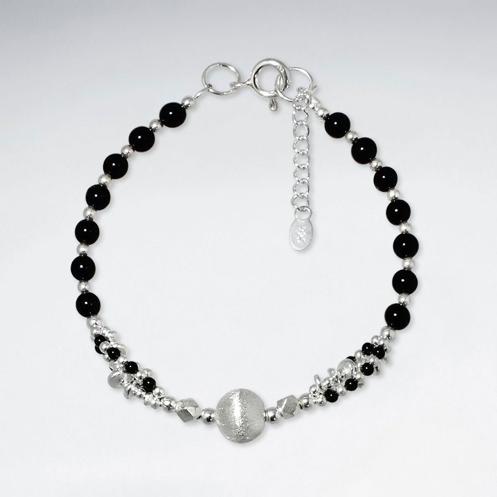 7" Round Black Stone Bracelet With Matted Silver Ball