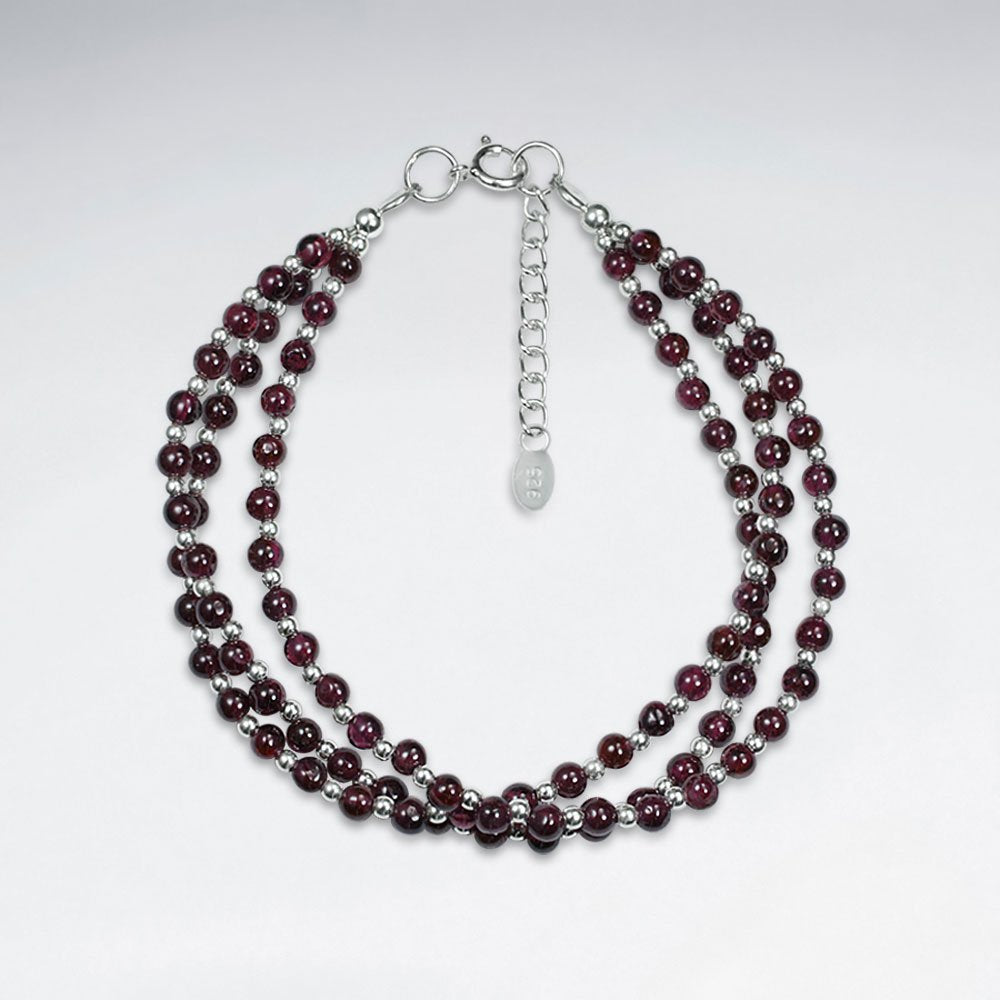 Triple Strands Round Garnet Silver Bracelet