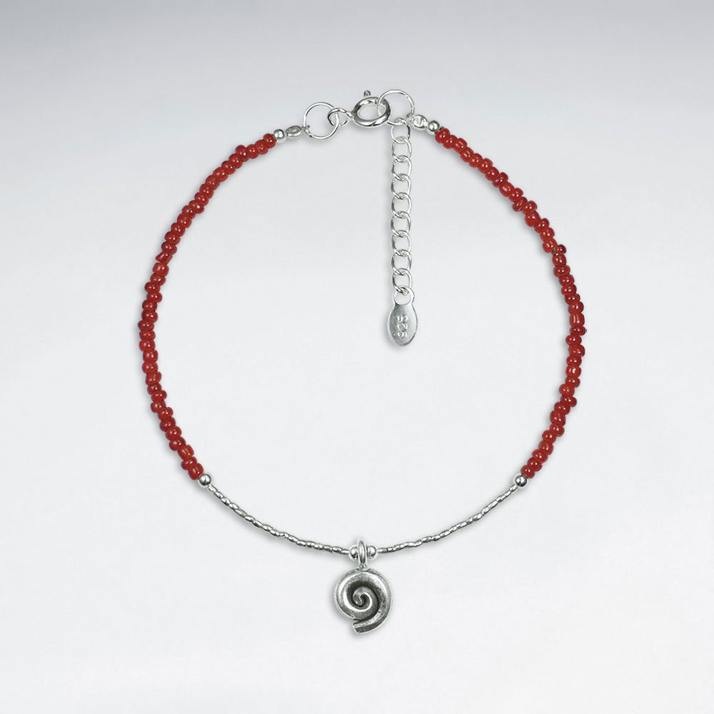 7" Red Glass Bead With Spiral Silver Charm Bracelet