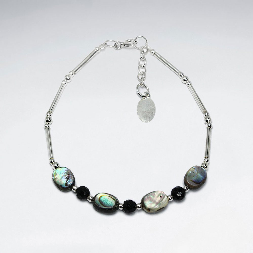 7" Black Stone And Shell With Silver Tube Bracelet