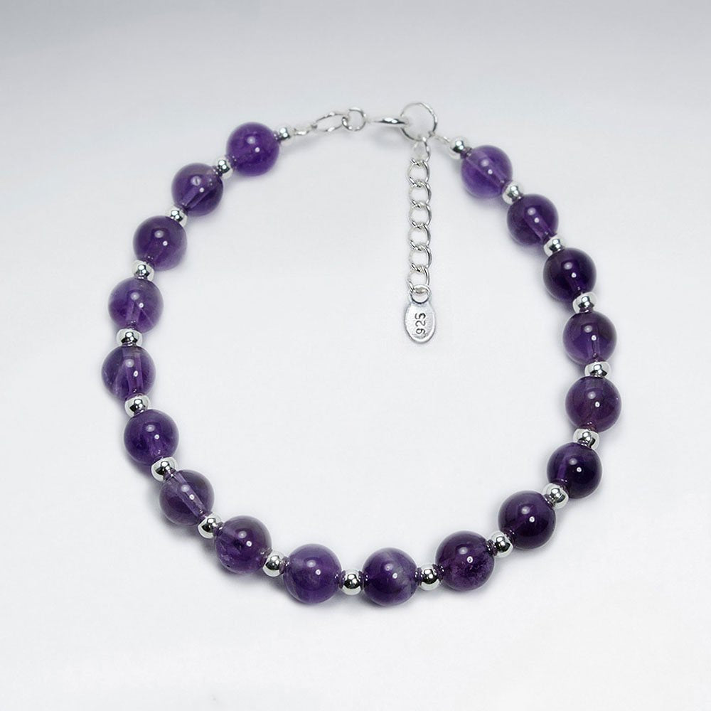7" Silver Bracelet With Round Amethyst Stone
