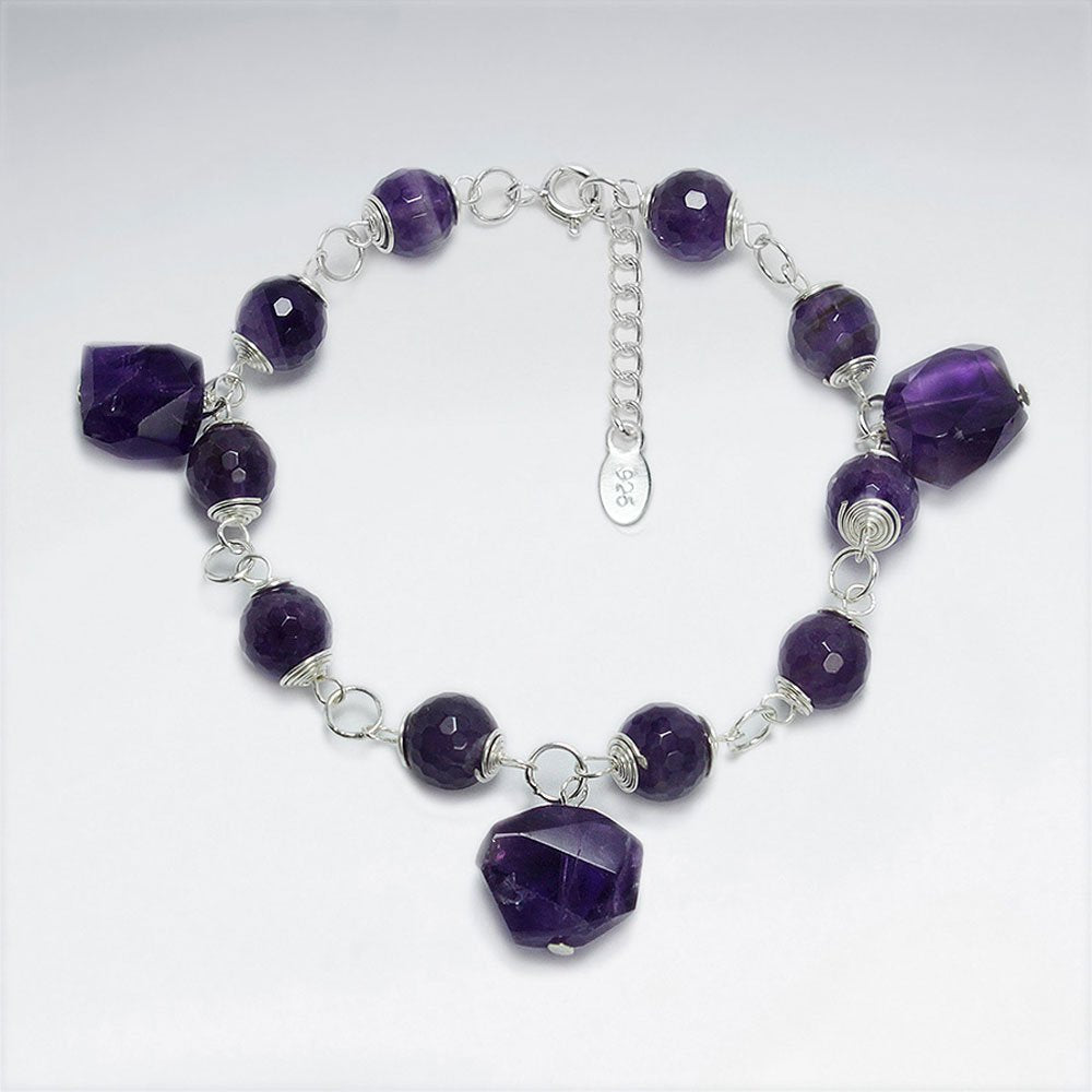 7" Natural Shape Dangling Amethyst Silver Bracelet