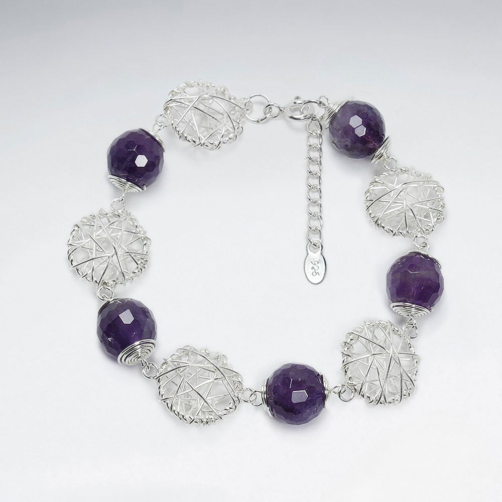 7" Amethyst Bracelet With Round Silver Wirework