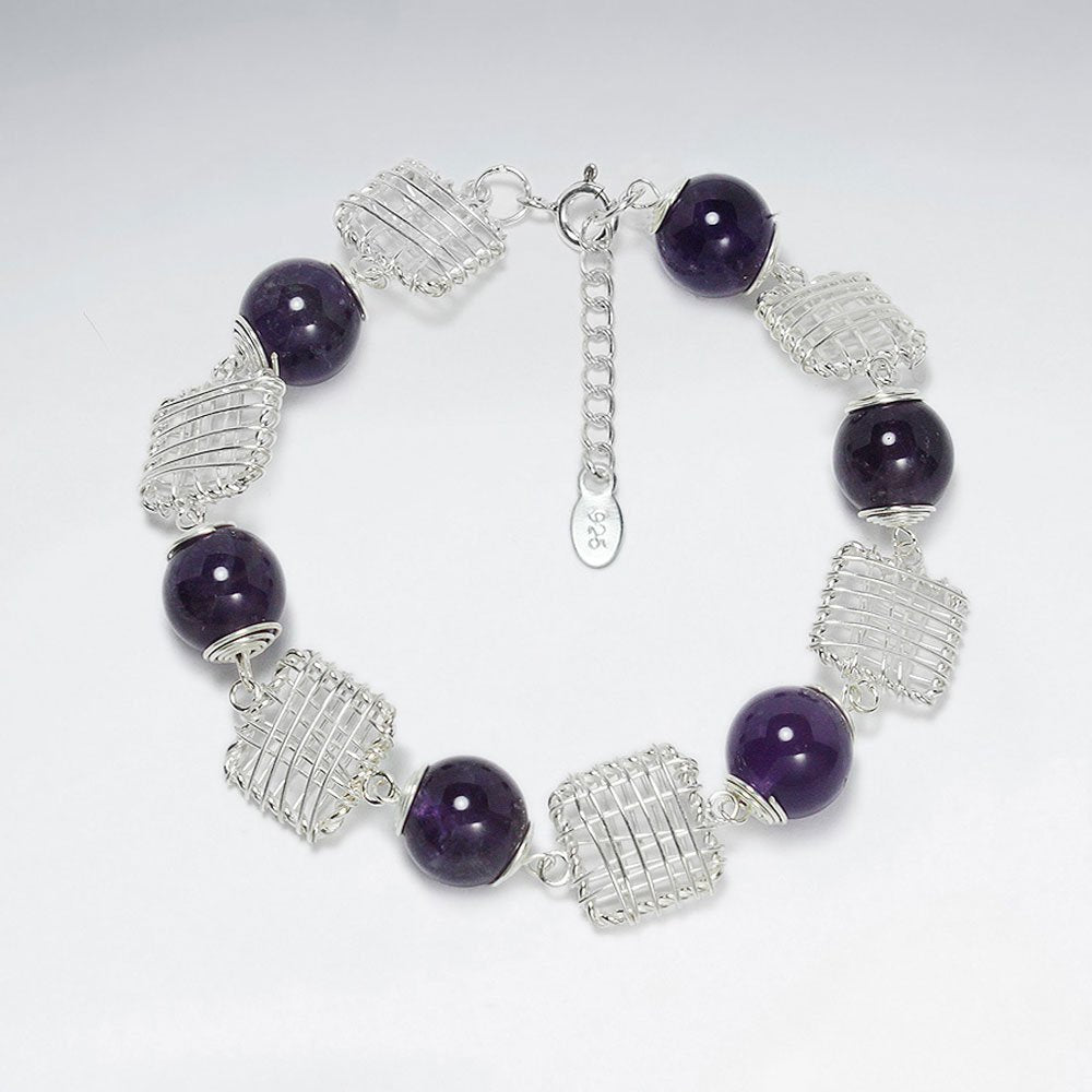 Round Faceted Amethyst Silver Bracelet With Silver Wirework Square