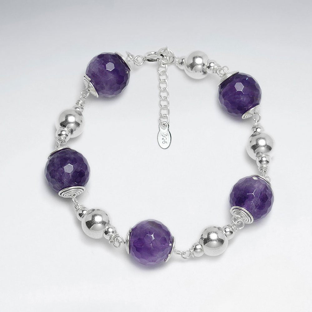 Round Faceted Amethyst With Silver Ball Bracelet