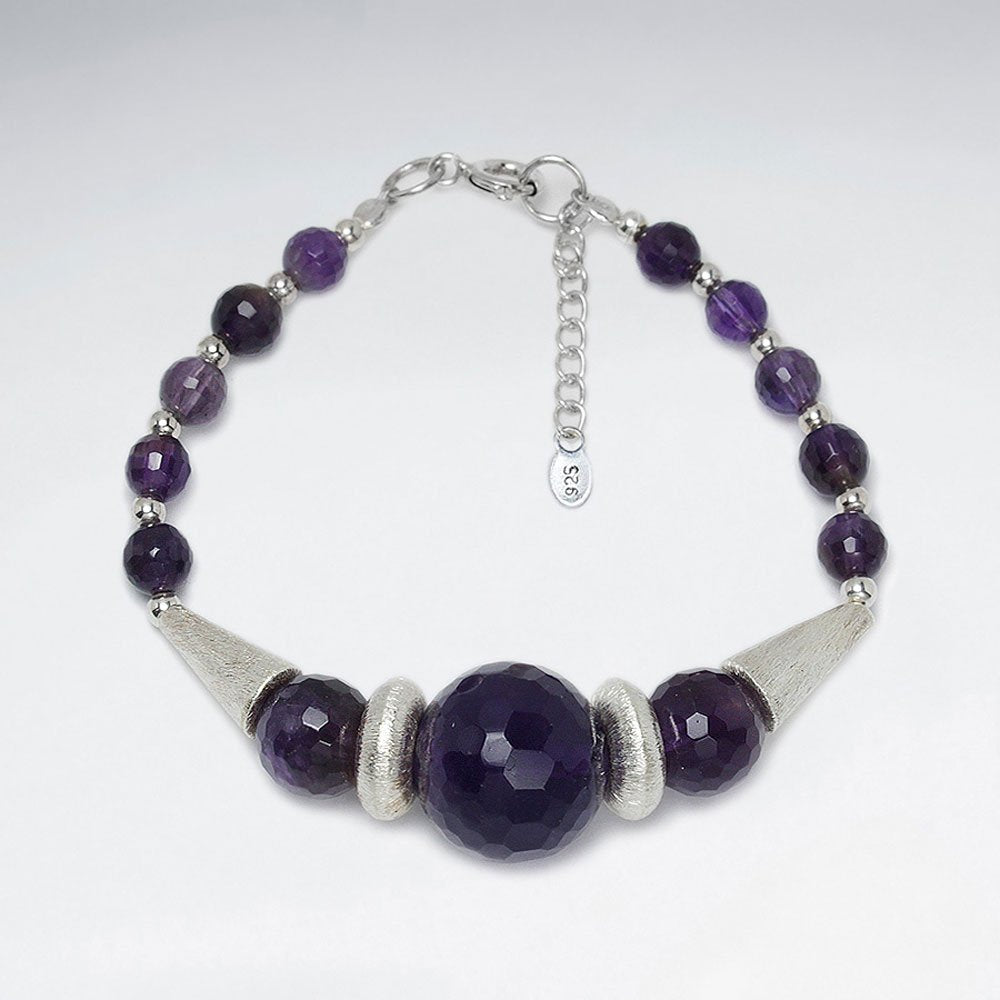 7" Round Amethyst Faceted With Silver Cone Bead Bracelet