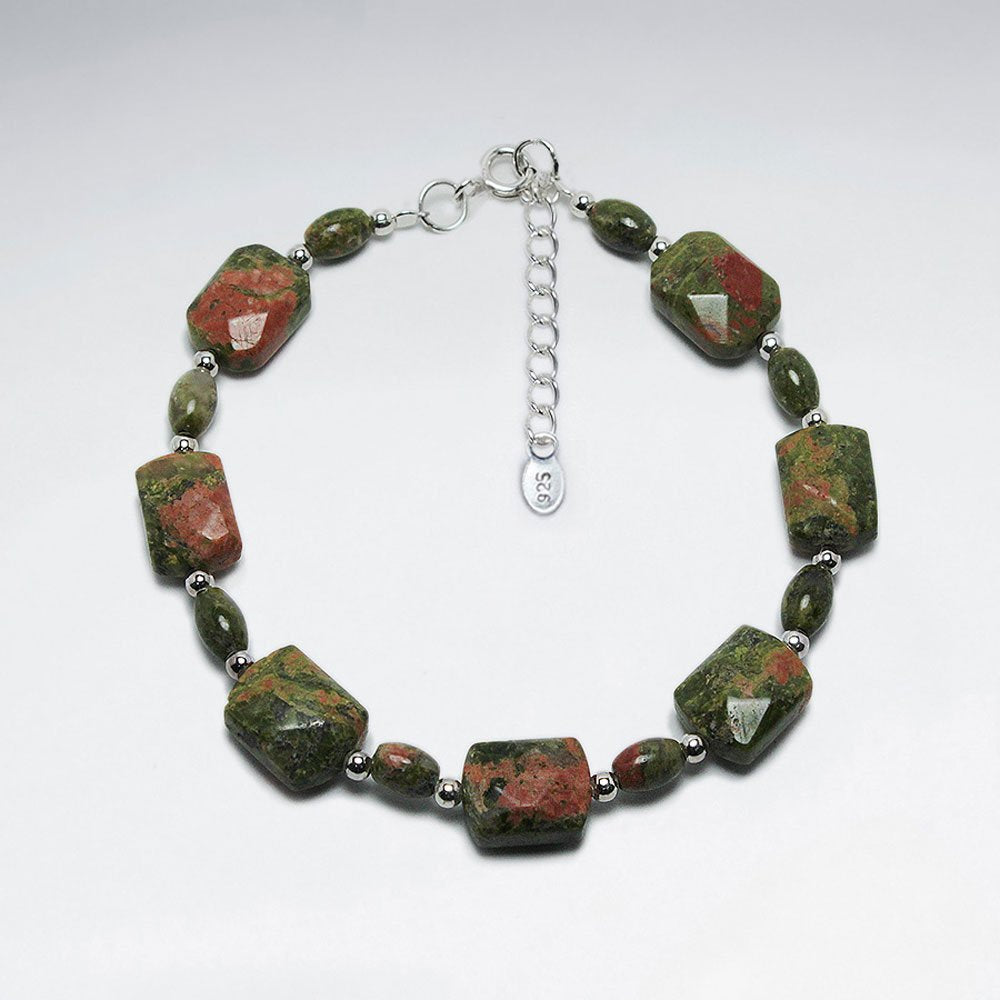 7" Square Faceted Unakite Silver Bracelet