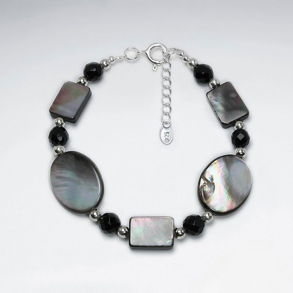 7" Multi Shape Sampang And Black Stone Silver Bracelet