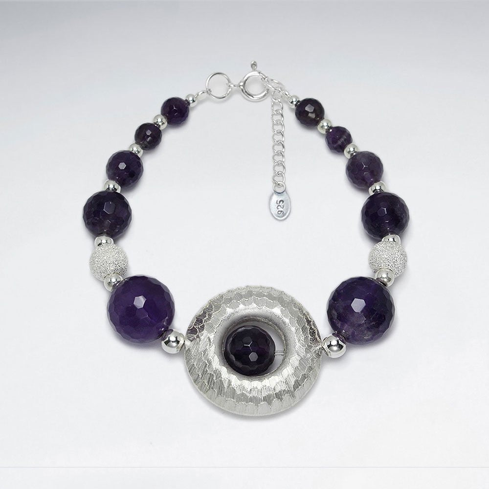 7" Round Faceted Amethyst With Open Circle Silver Bracelet