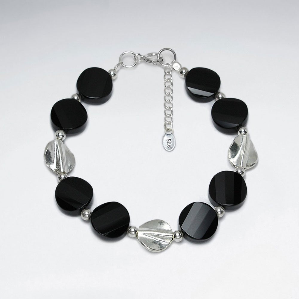 7" Black Charms with Alternate Bead Accent Bracelet on Silver Clasp Chain