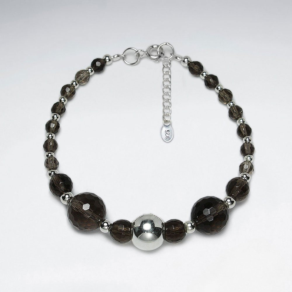 7" Round Smoky Quartz Bracelet With Round Silver Bead