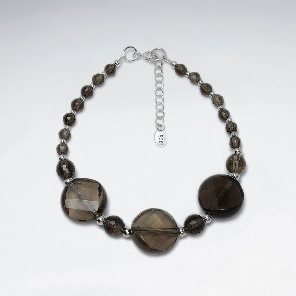 7" Triple Smoky Quartz Disk Silver Bracelet