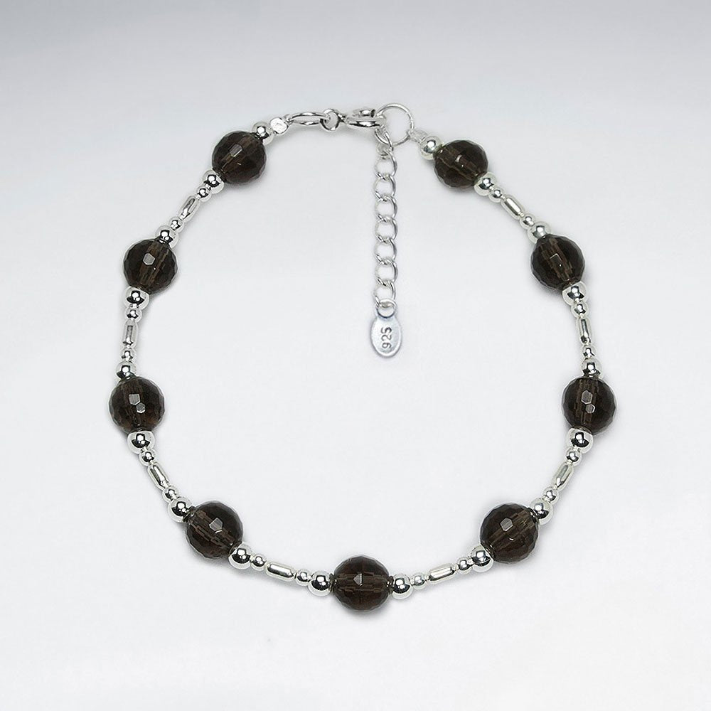 7" Round Faceted Smoky Quartz And Silver Beads Bracelet