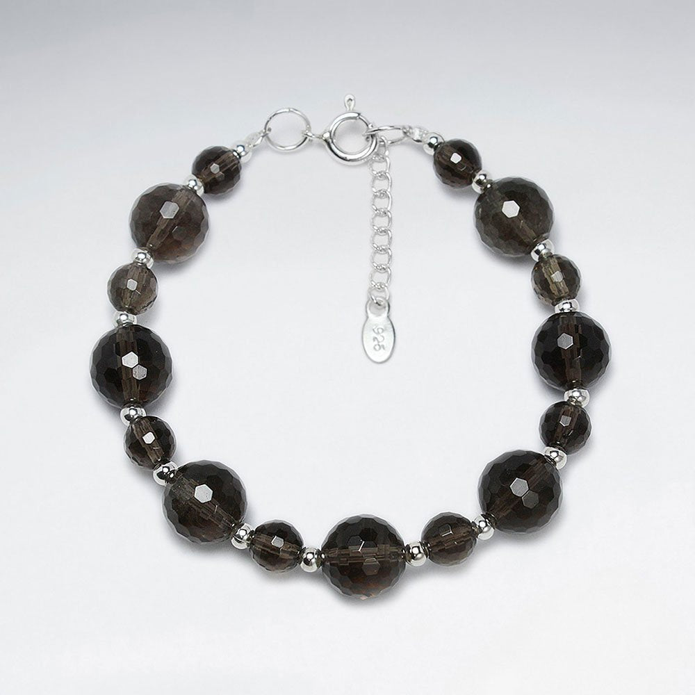 7" Round Faceted Smoky Quartz Silver Bracelet