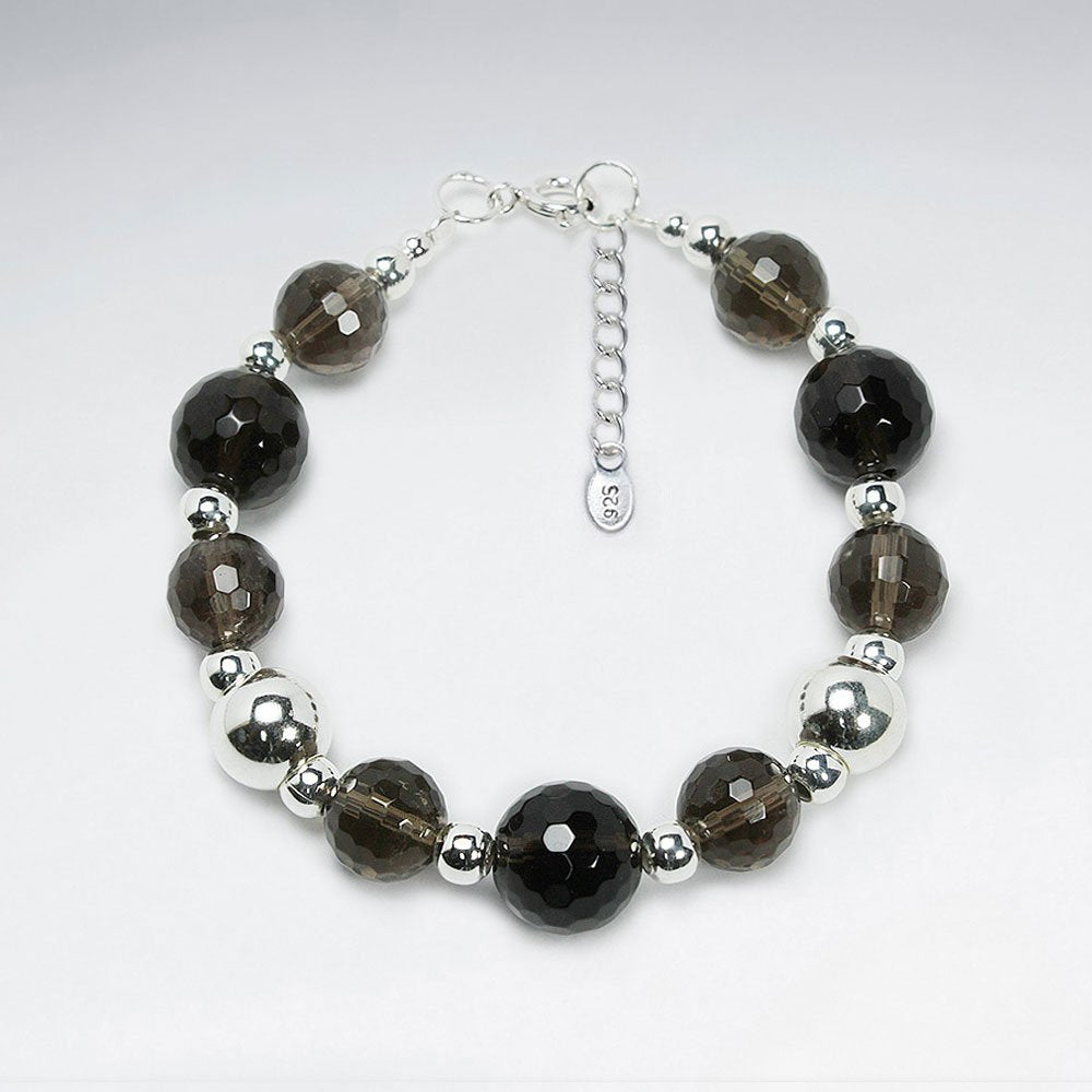 7" Round Faceted Smoky Quartz With Round Silver Ball Bracelet