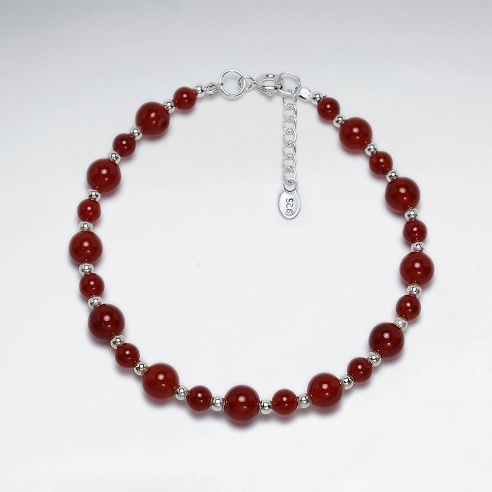 7" Carnelian Beaded Silver Bracelet