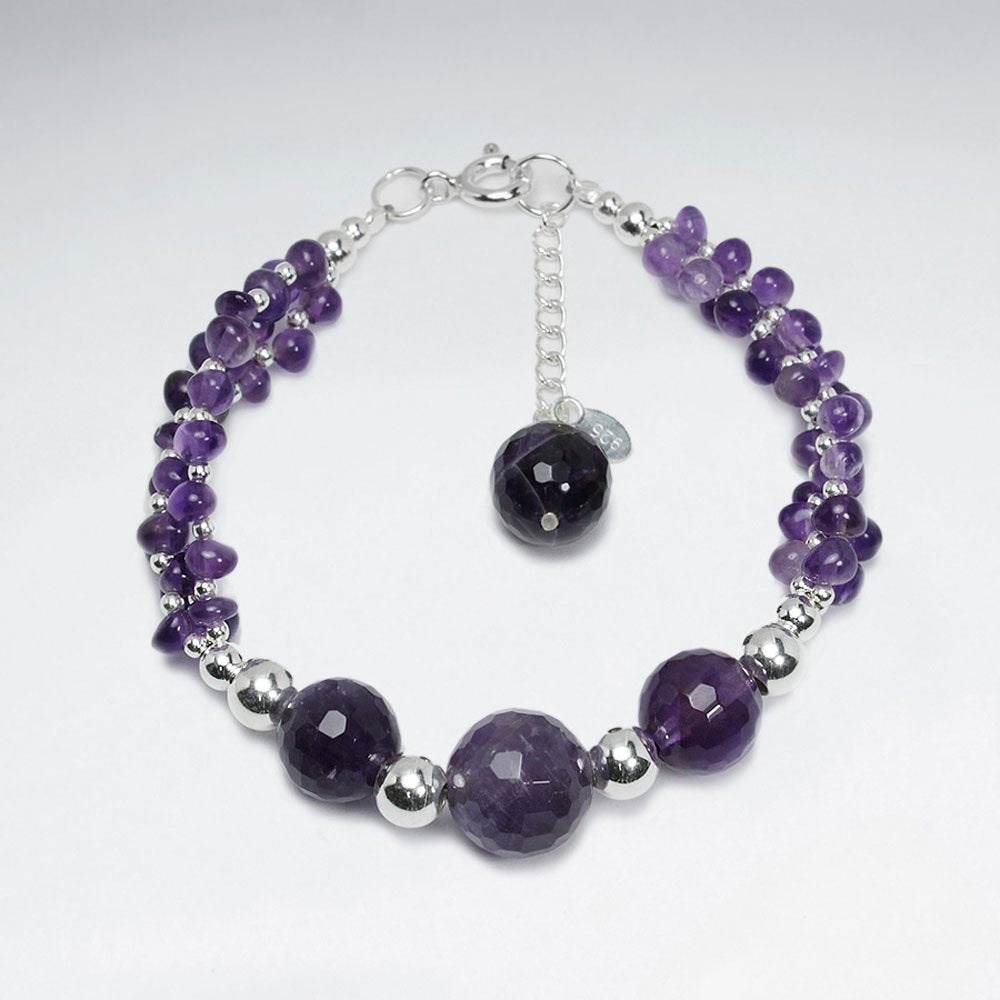 7" Triple Round Faceted Amethyst Silver Bracelet
