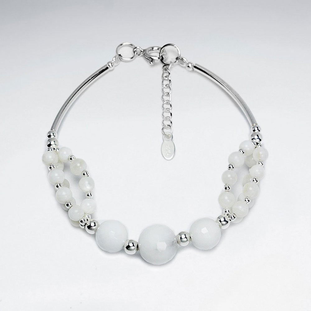 7" Faceted White Onyx With Curve Tube Silver Bracelet