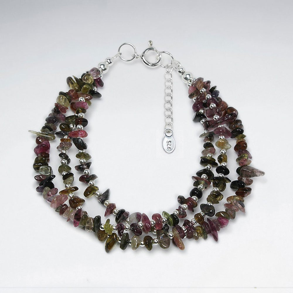 7" Multi Strands Tourmaline Nugget Silver Bracelet