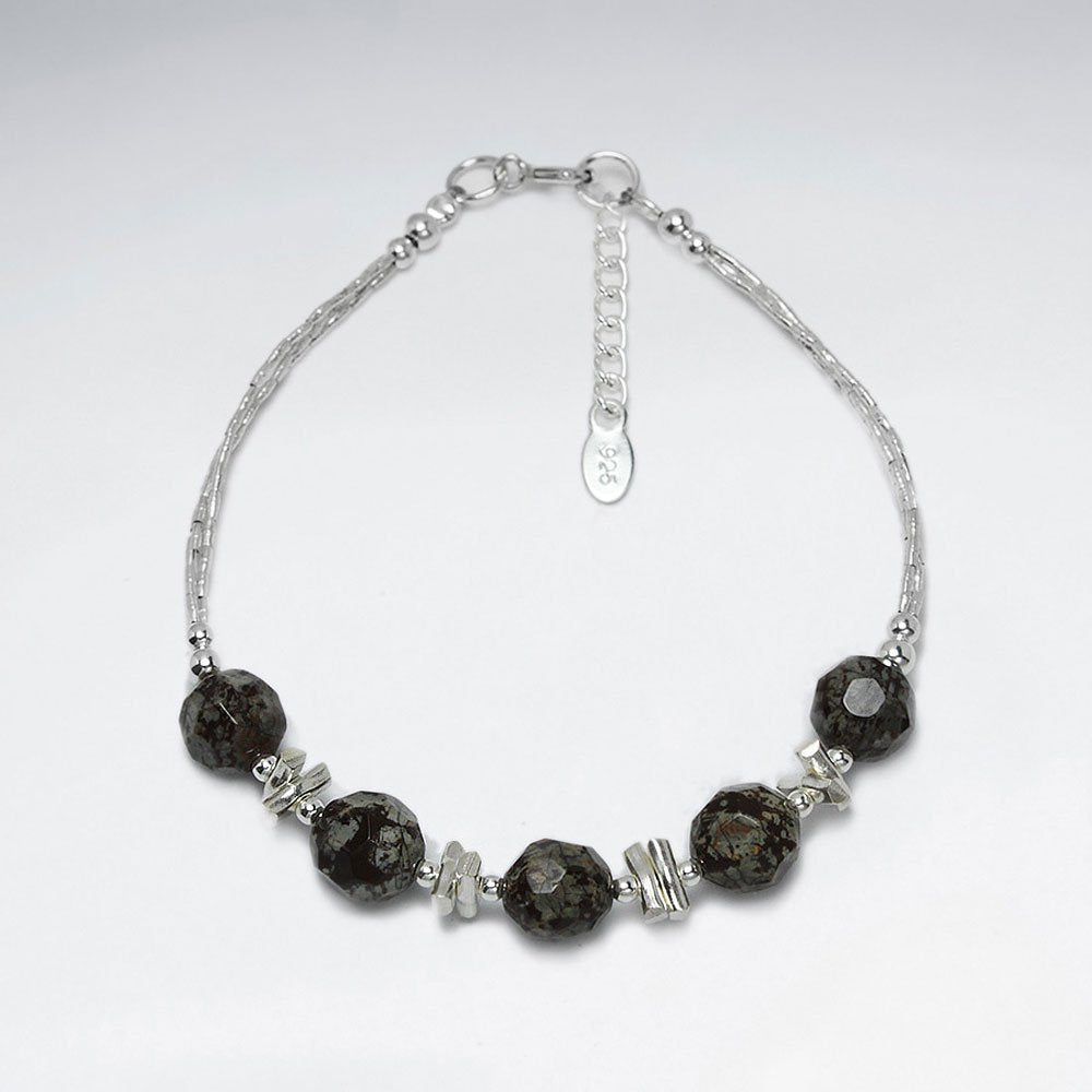 7" Silver Bracelet With Four Faceted Leopard Jasper