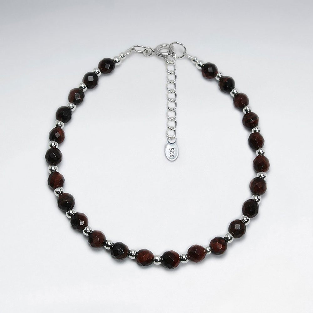 7" Round Faceted Red Tiger Eye Silver Bracelet