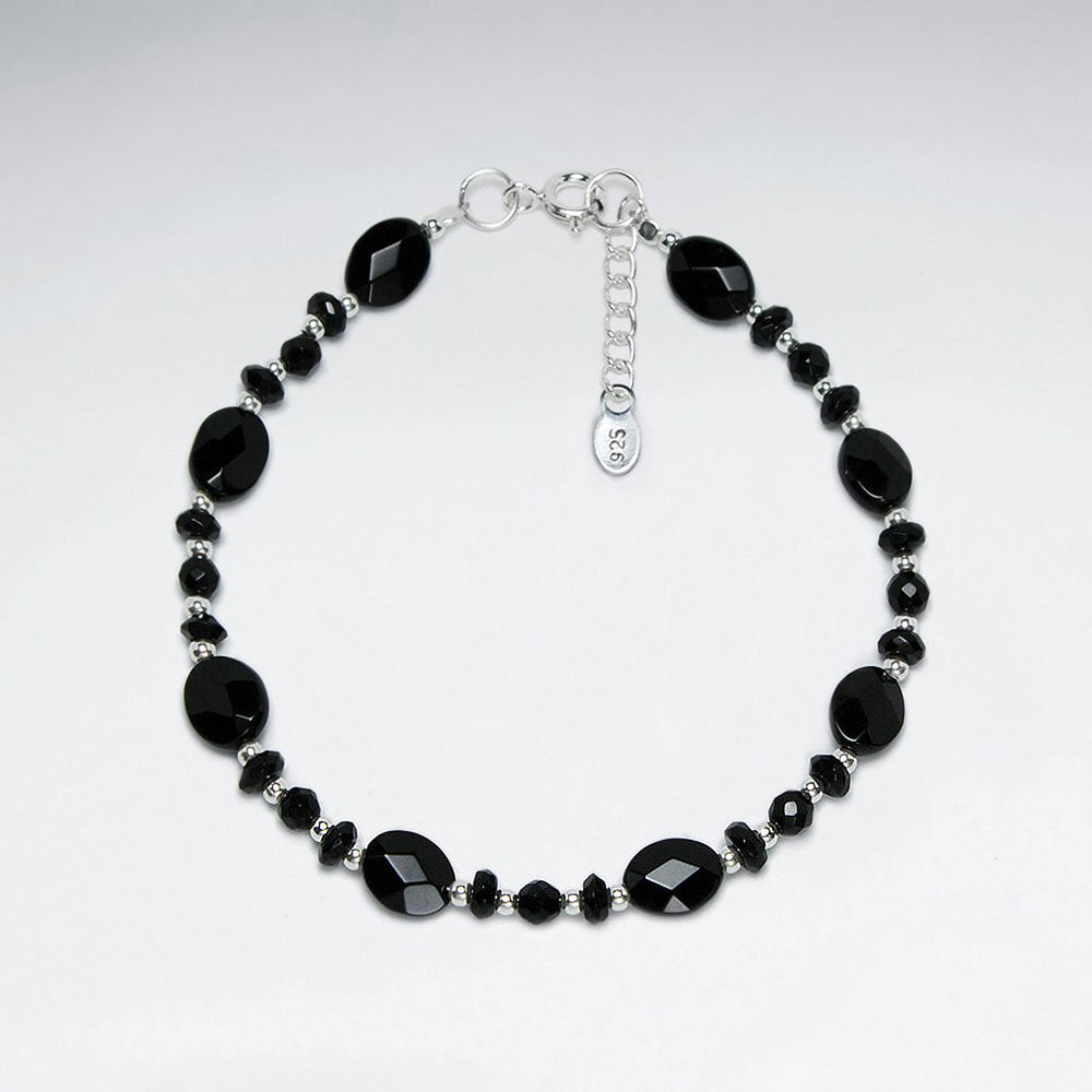 7" Silver Bracelet With Oval Faceted Black Stone And Nugget Beads