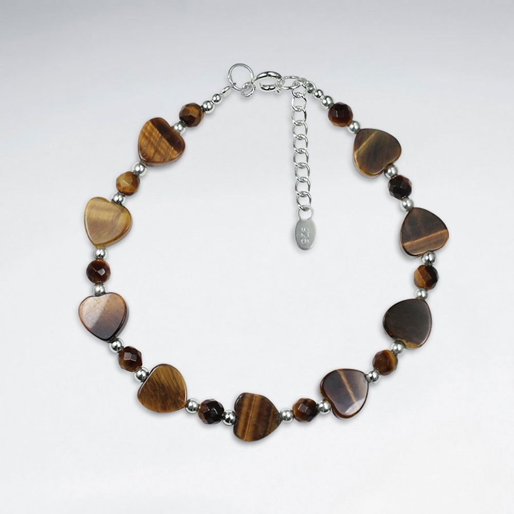 7" Tiger Eyes Heart Shape Silver Bracelet