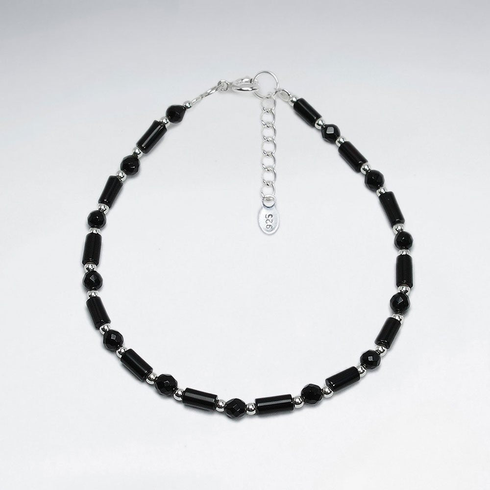 7" Black Stone Tube Silver Bracelet